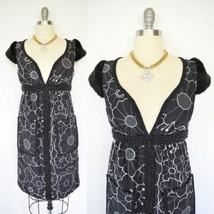 Black Floral Midi Dress with Deep V-Neck